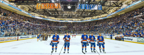The Islanders before the final regular season game at Nassau Coliseum on April 12, 2015